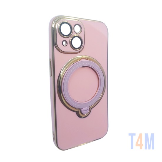 Hard Silicone Case with Camera Shield and Support Ring for Apple iPhone 15 Pink